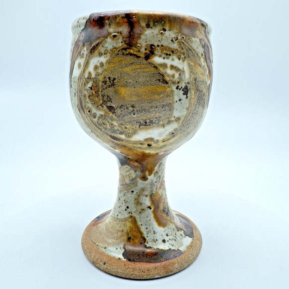 Studio Art Pottery Goblet Chalice Cup Textured Glazed Brown Gray Stoneware #4 - Picture 2 of 10